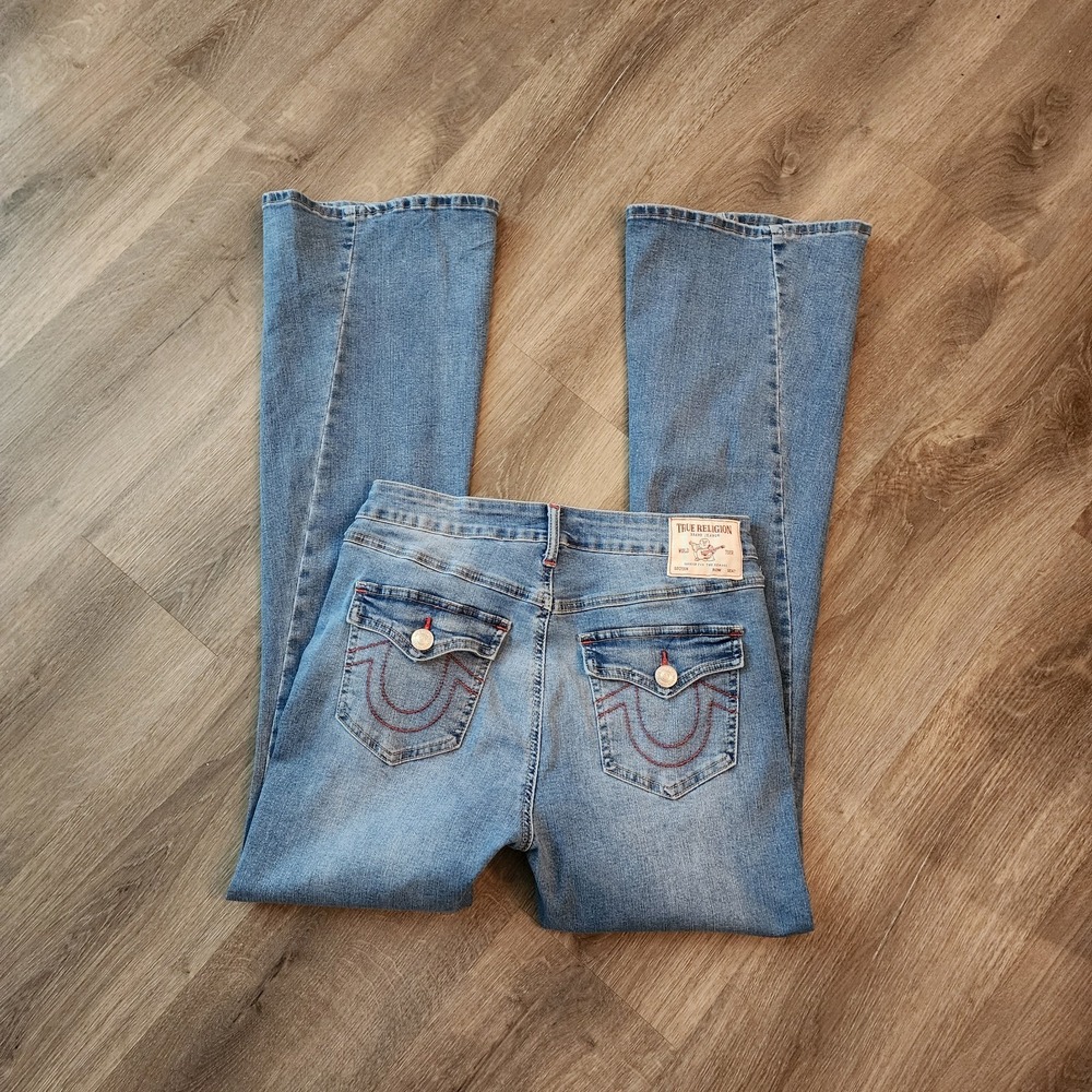 True Religion Joey Mid Rise Flare Jeans 29 Flap Pocket Y2K McBling Boho Festival